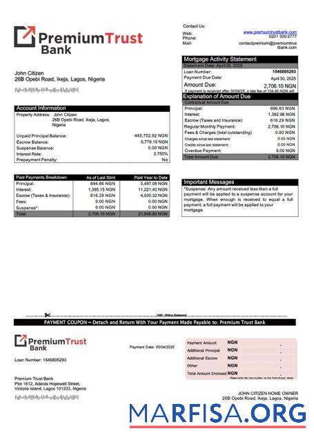 Downloadable Nigeria Premium Trust Bank mortgage statement Word and PDF template